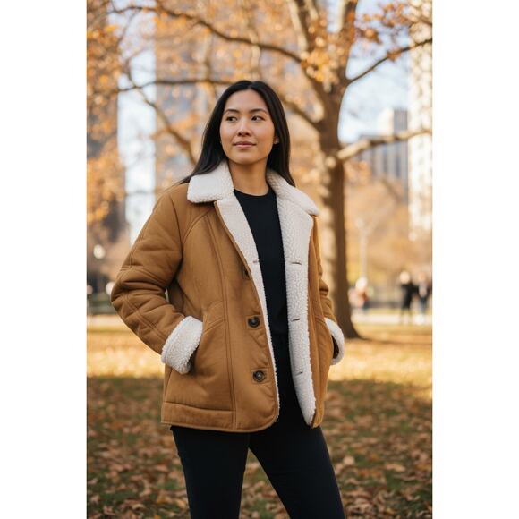 H&M Women’s Sherpa Lined Button Front Jacket Coat Brown Tan Size M - Picture 2 of 8